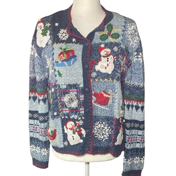 Vintage Sweaters Tiara Snowman Blue and Red Christmas Sweater - Picture 1 of 12